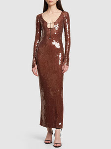 WHITNEY BROWN SEQUINS LONG DRESS