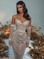 Load image into Gallery viewer, WSTHER BEIGE MAXI DRESS WITH GLOVES
