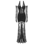 Load image into Gallery viewer, YNGVI BLACK LACE MAXI DRESS WITH GLOVES
