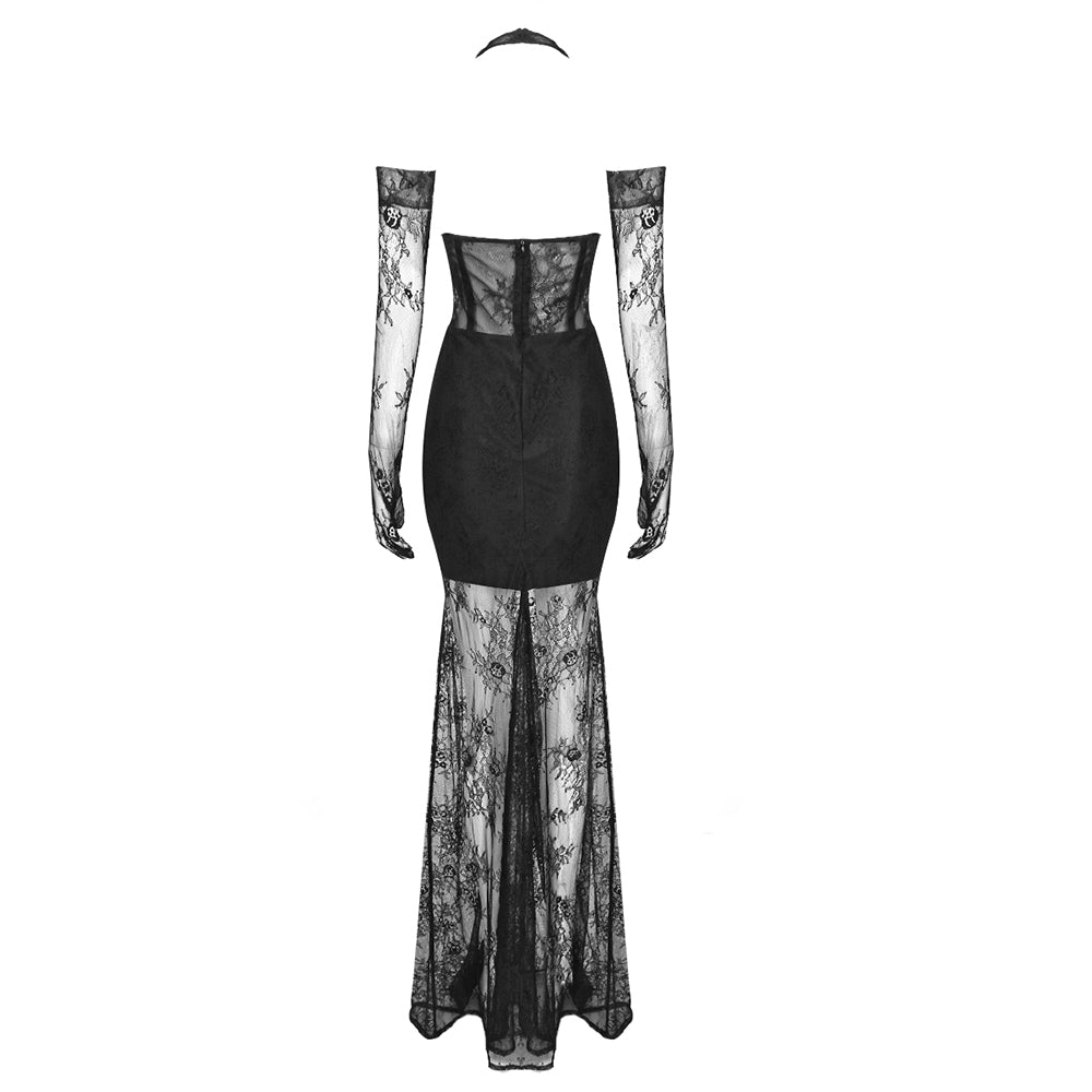 YNGVI BLACK LACE MAXI DRESS WITH GLOVES