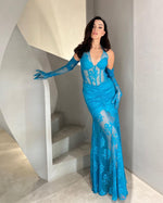 Load image into Gallery viewer, YNGVI CYAN LACE MAXI DRESS WITH GLOVES
