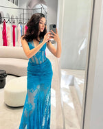 Load image into Gallery viewer, YNGVI CYAN LACE MAXI DRESS WITH GLOVES
