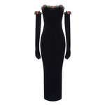 Load image into Gallery viewer, YRSA BLACK VELVET LONG DRESS WITH GLOVES

