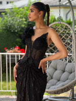 Load image into Gallery viewer, YAONA BLACK LACE LONG DRESS WITH FLOWER
