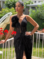 Load image into Gallery viewer, YAONA BLACK LACE LONG DRESS WITH FLOWER
