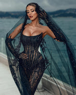 Load image into Gallery viewer, YGRAN BLACK LONG DRESS WITH VEIL
