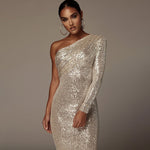 Load image into Gallery viewer, LILAH GOLD SEQUIN ONE SHOULDER DRESS
