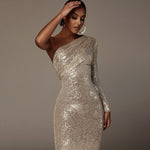 Load image into Gallery viewer, LILAH GOLD SEQUIN ONE SHOULDER DRESS
