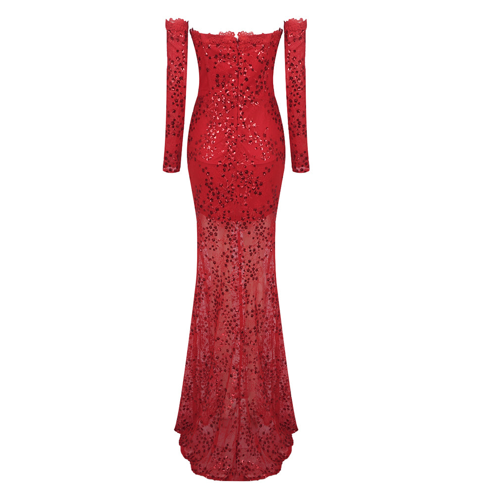 UEMO RED LACE MAXI DRESS WITH GLOVES