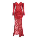 Load image into Gallery viewer, UEMO RED LACE MAXI DRESS WITH GLOVES
