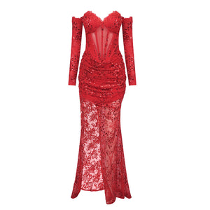 UEMO RED LACE MAXI DRESS WITH GLOVES