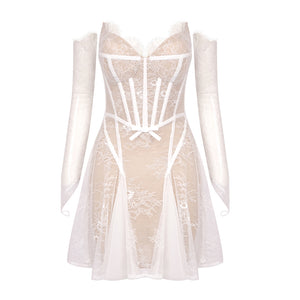 IVICO BEIGE LACE MINI DRESS WITH GLOVES