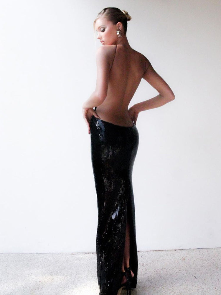 PUEASE BLACK SEQUINS LONG DRESS