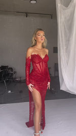 Load and play video in Gallery viewer, UEMO RED LACE MAXI DRESS WITH GLOVES
